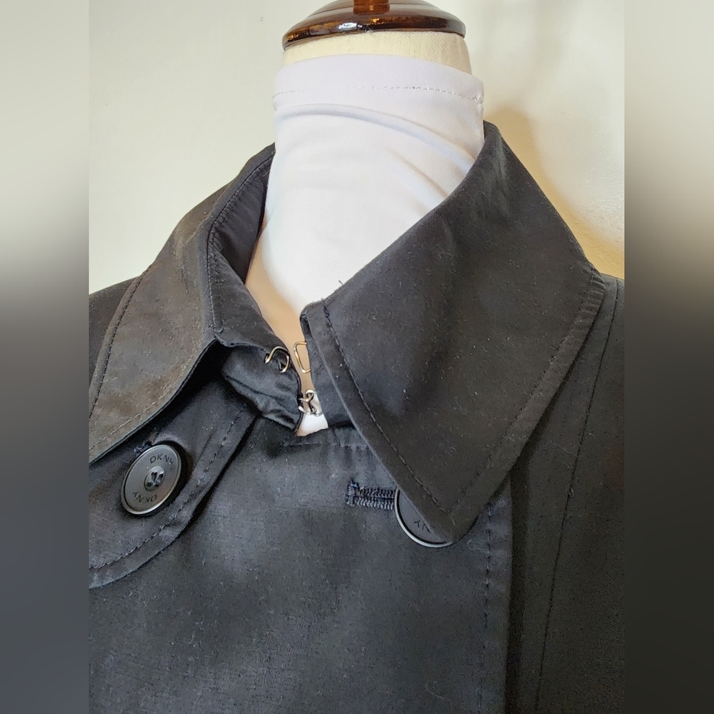 DKNY Black Trench Coat Classic Tailored Design Double Breasted Military Zippers - Picture 7 of 16